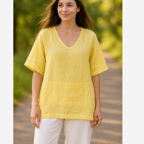 Bryn Walker Tunic Top 100% Linen Women Size XL Lagenlook Oversized Yellow Pocket - Picture 1 of 2